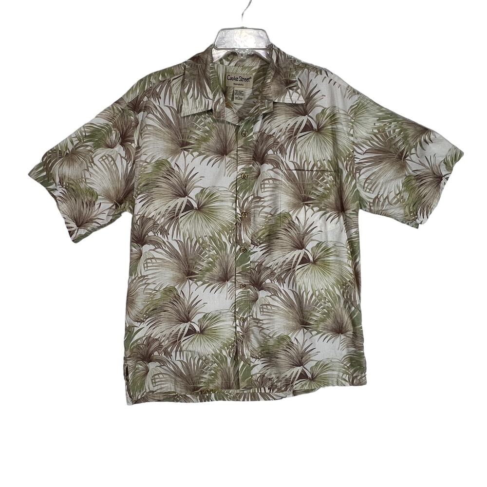 COOKE STREET Hawaiian Shirt Mens L Green Brown Tropical Palm Leaf Cotton Aloha